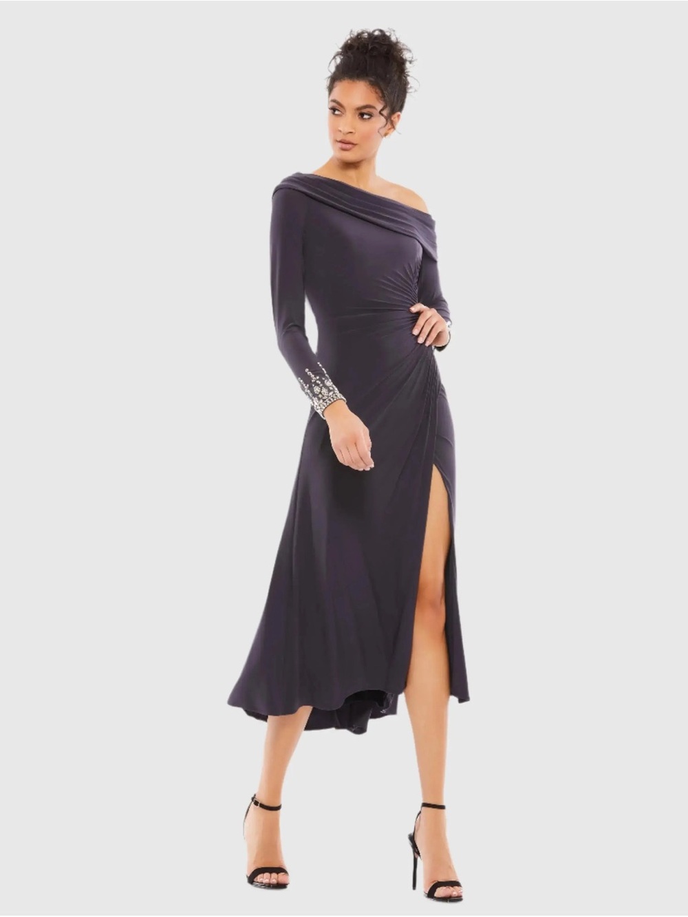 One-Shoulder Midnight Black Long Sleeve Evening Dress with Embellished Cuff